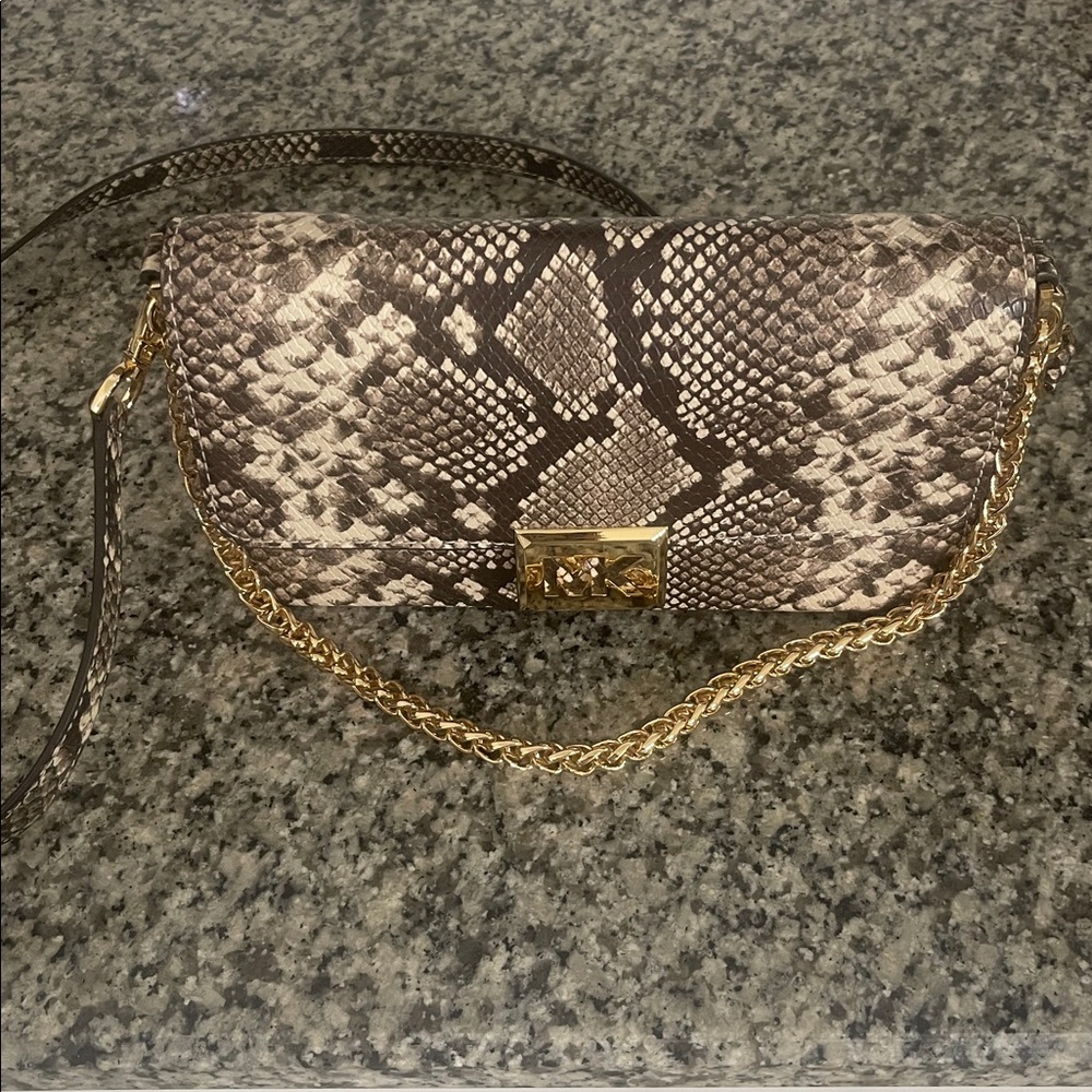 Michael Kors Snakeskin-Print Clutch with Gold MK Lock - Picture 4 of 10